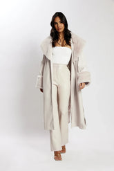 Rebekah Oversized Pu Trench Coat With Fur Trim - Bone
